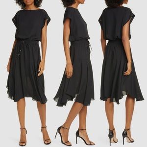 ANTHONY THOMAS MELILO black cap-sleeve gathered waist Georgette midi dress XS